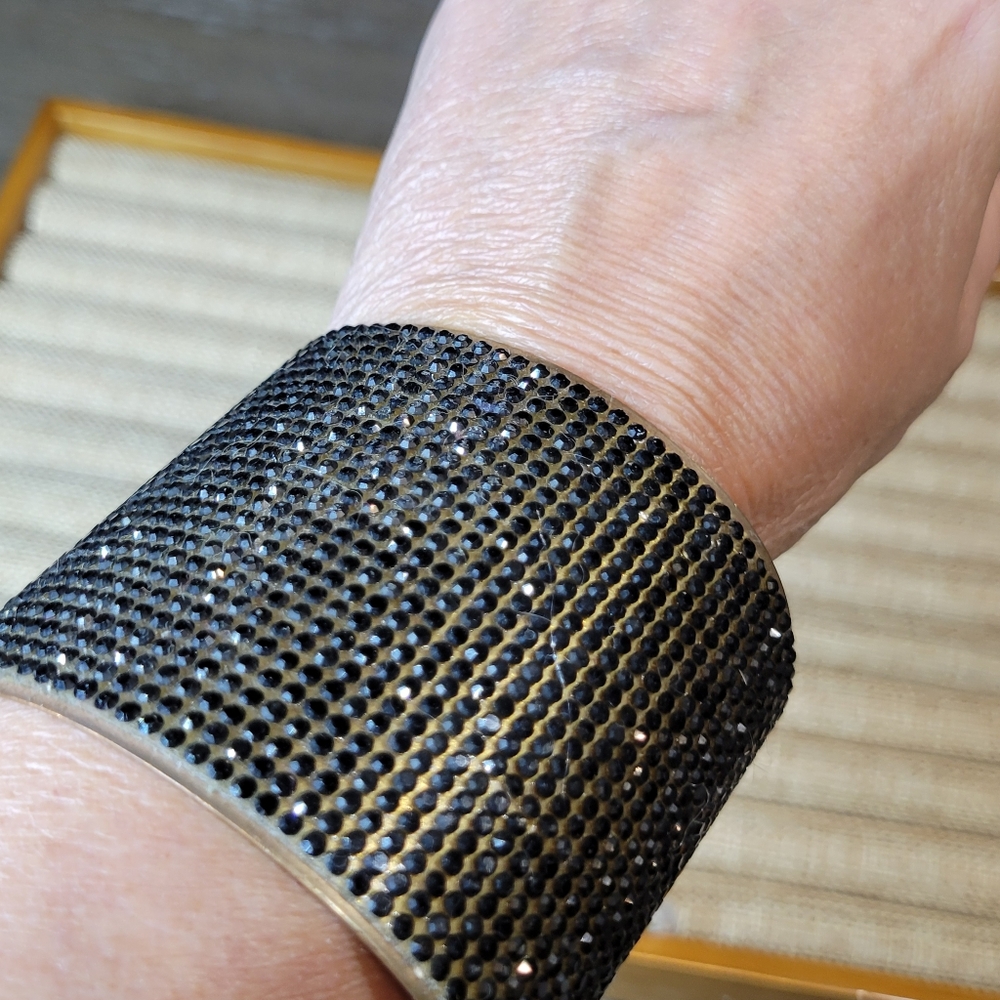 Retro Copper Cuff Bracelet with 9 Rows Pave Black Rhinestones 2.5" Wide